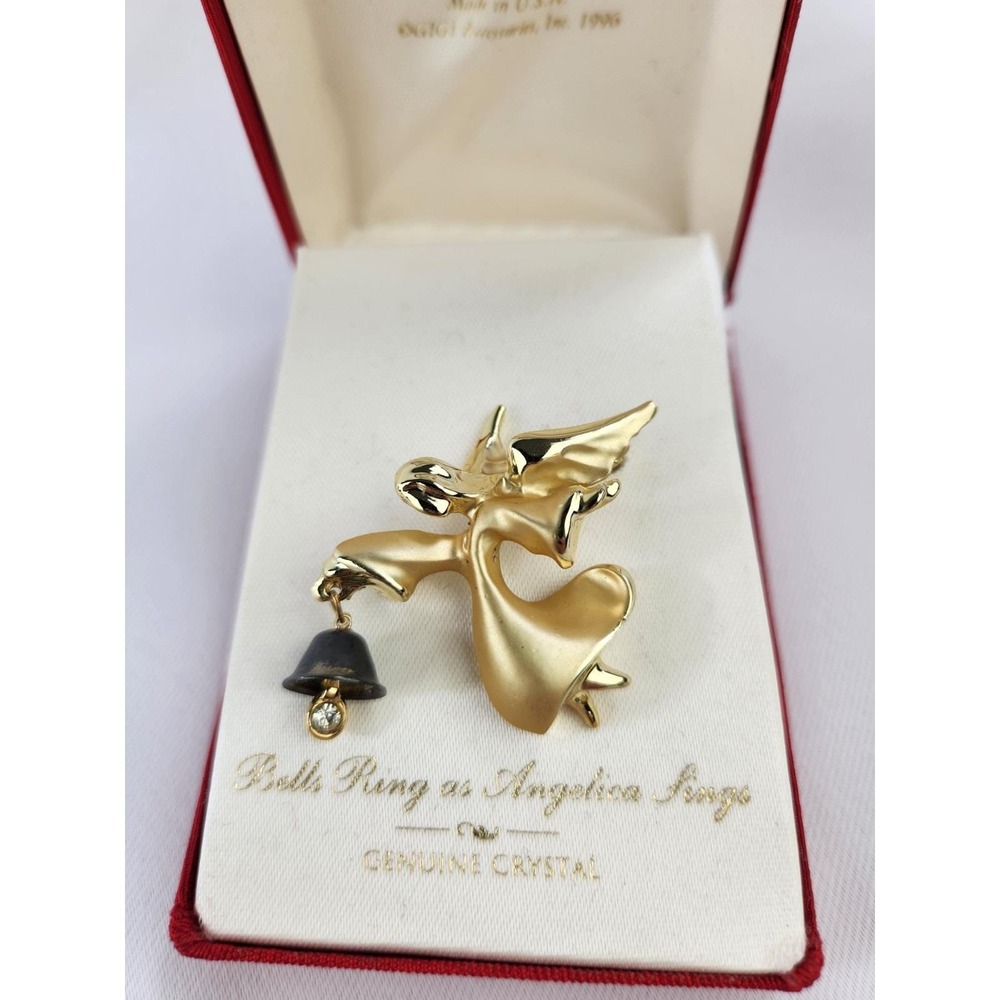 Vtg Giusti Angel Bell Crystal Gem Holiday Brooch Pin Christmas Gold Tone Finish
